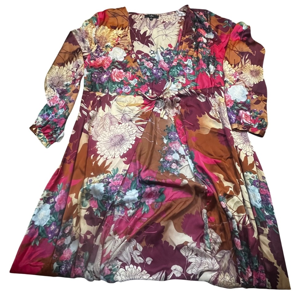 Lulus Floral Maxi Cover Up XL Burgundy Rust Pink V-Neck Long Sleeve Front Tie